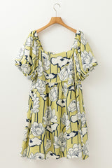 Green Plus Size Floral Print Shirred Square Neck Puff Sleeve Dress Plus Size Mini Dresses JT's Designer Fashion