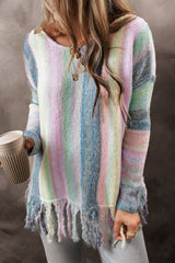 Purple Color Block Fringed Drop Shoulder Tunic Sweater Sweaters JT's Designer Fashion