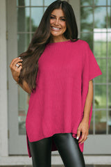 Rose Red Short Sleeve Side Slit Oversized Sweater Sweaters & Cardigans JT's Designer Fashion