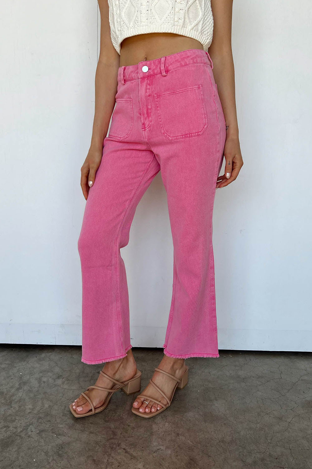 Pink Ankle-length Flare Leg Raw Hem Jeans Jeans JT's Designer Fashion