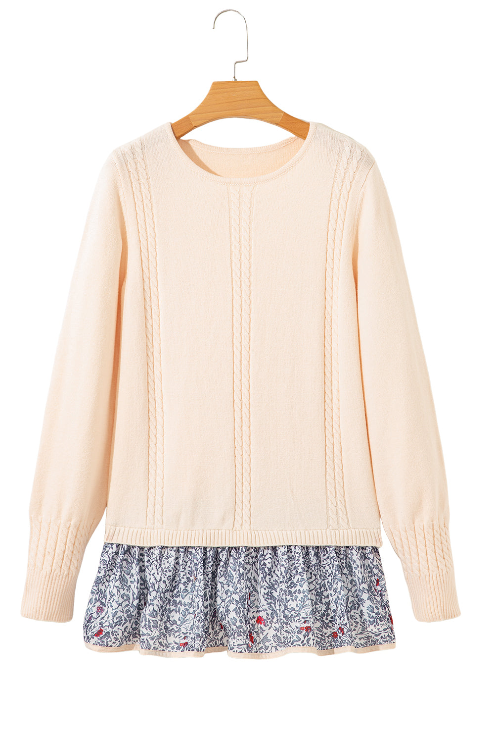 Beige Cable Texture Bohemian Ruffle Hem Patchwork Sweater Sweaters JT's Designer Fashion