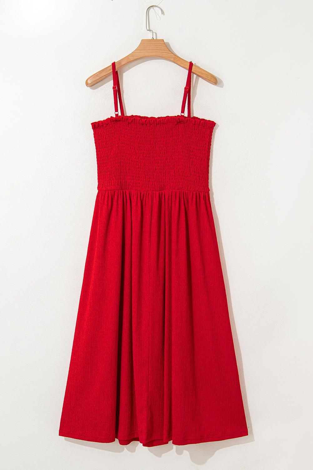 Racing Red Textured Shirred Ruffled Trim Spaghetti Strap Midi Dress Midi Dresses JT's Designer Fashion