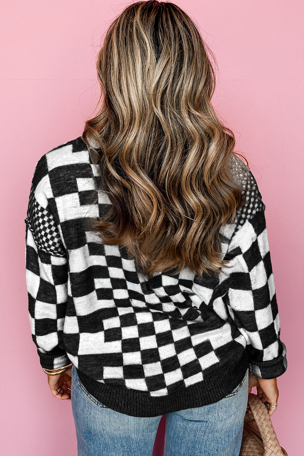 Black Checkered Print Drop Shoulder Round Neck Sweater Sweaters JT's Designer Fashion