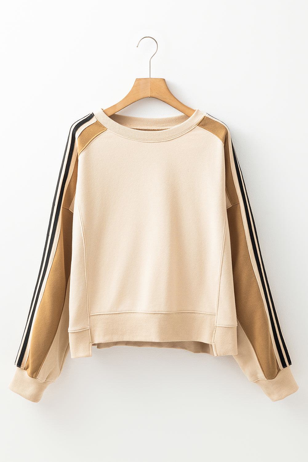 Beige Contrast Striped Patchwork Drop Shoulder Loose Sweatshirt Sweatshirts & Hoodies JT's Designer Fashion
