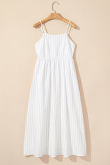 Beige Stripe Spaghetti Strap Pocketed High Waist Long Dress Maxi Dresses JT's Designer Fashion