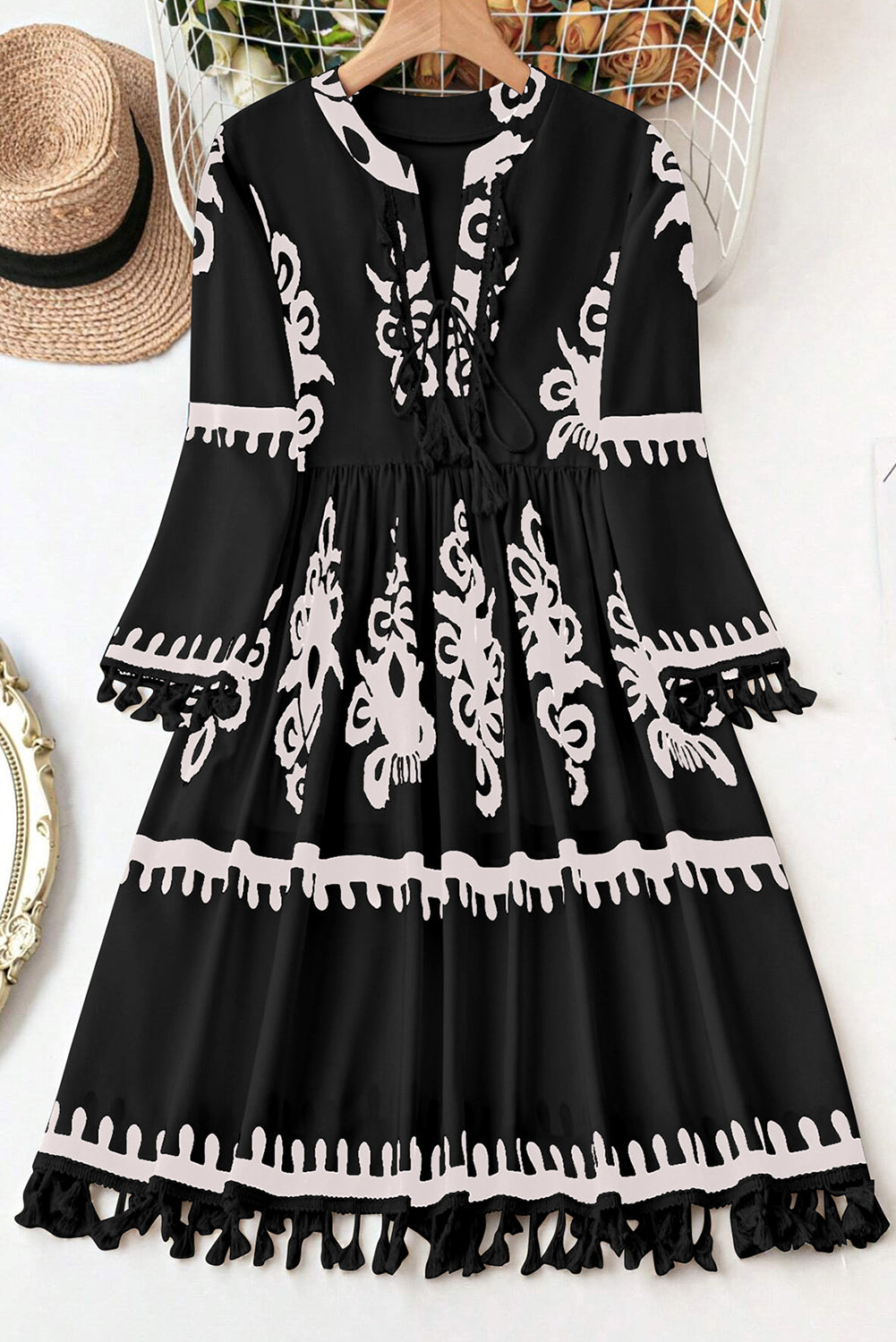 Black Plus Size Western Floral Print Fringed V Neck Dress Plus Size Mini Dresses JT's Designer Fashion