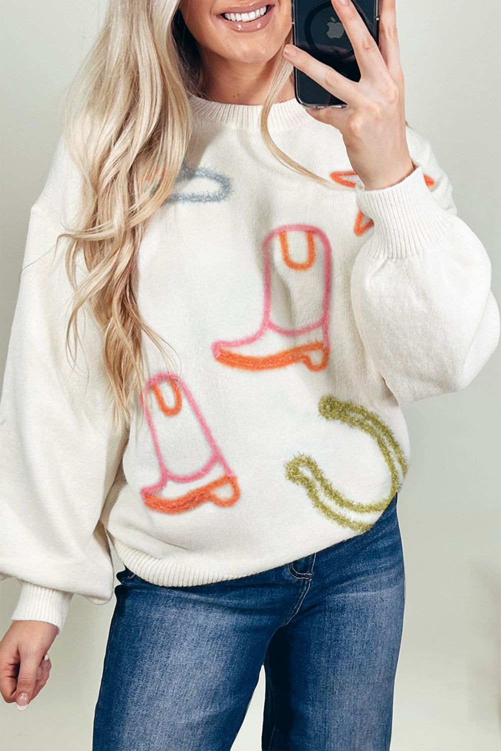 White Tinsel Western Boots Horseshoe Star Knit Crew Neck Sweater Sweaters JT's Designer Fashion
