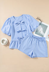 Sky Blue Striped Bowknot Detail Puffy Sleeve Top and Shorts 2Pcs Set Short Sets JT's Designer Fashion
