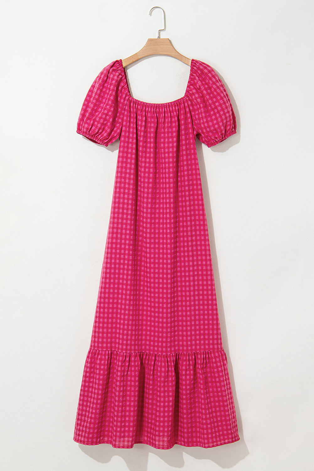 Rose Ginham Check Bubble Sleeve Ruffled Long Dress Maxi Dresses JT's Designer Fashion