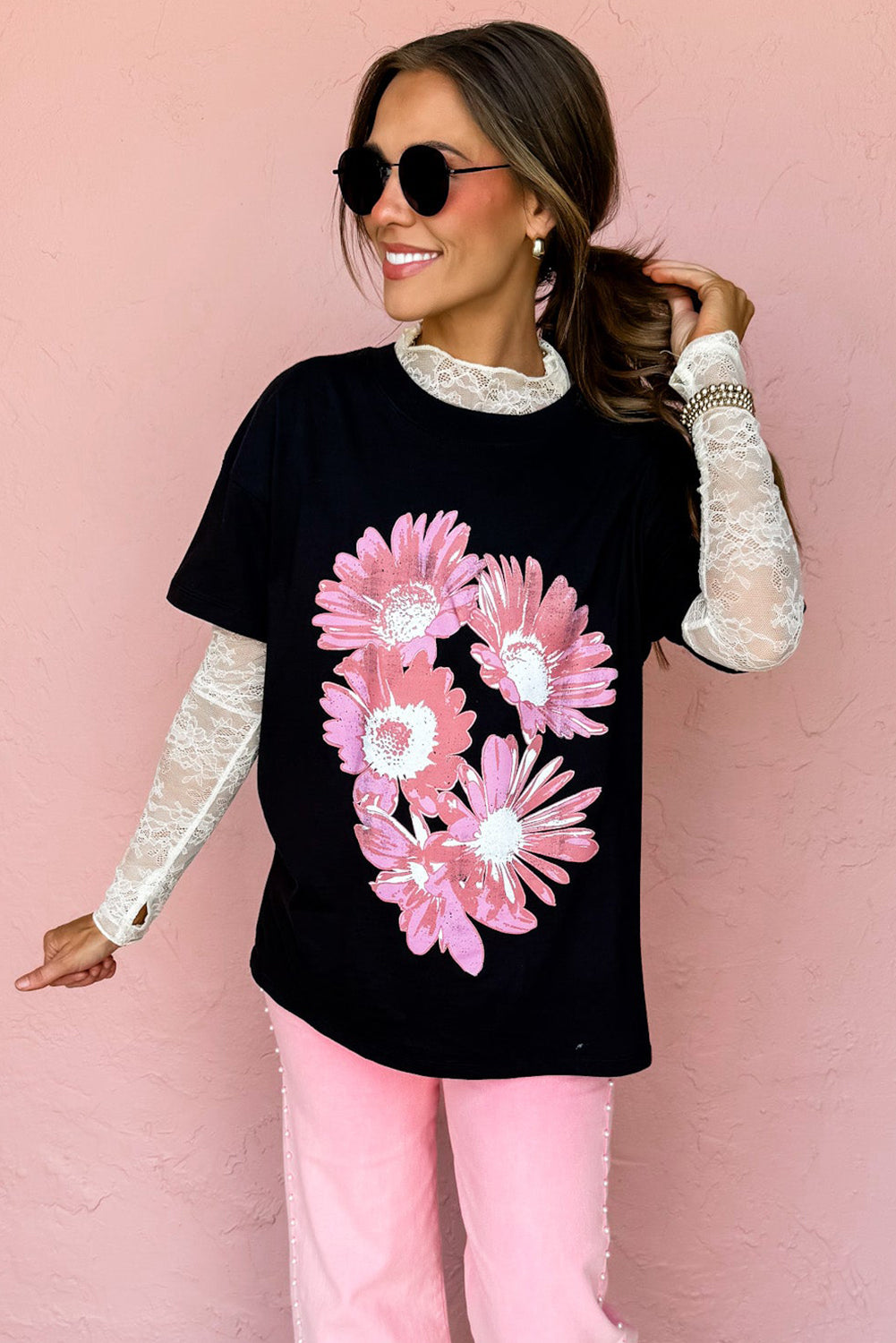 Black Pink Daisy Flower Printed Cotton Blend T Shirt Graphic Tees JT's Designer Fashion