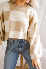 Khaki Checkered Bishop Sleeve Sweater Sweaters & Cardigans JT's Designer Fashion