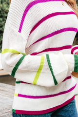 White Colorful Striped Drop Shoulder Crew Neck Sweater Sweaters JT's Designer Fashion