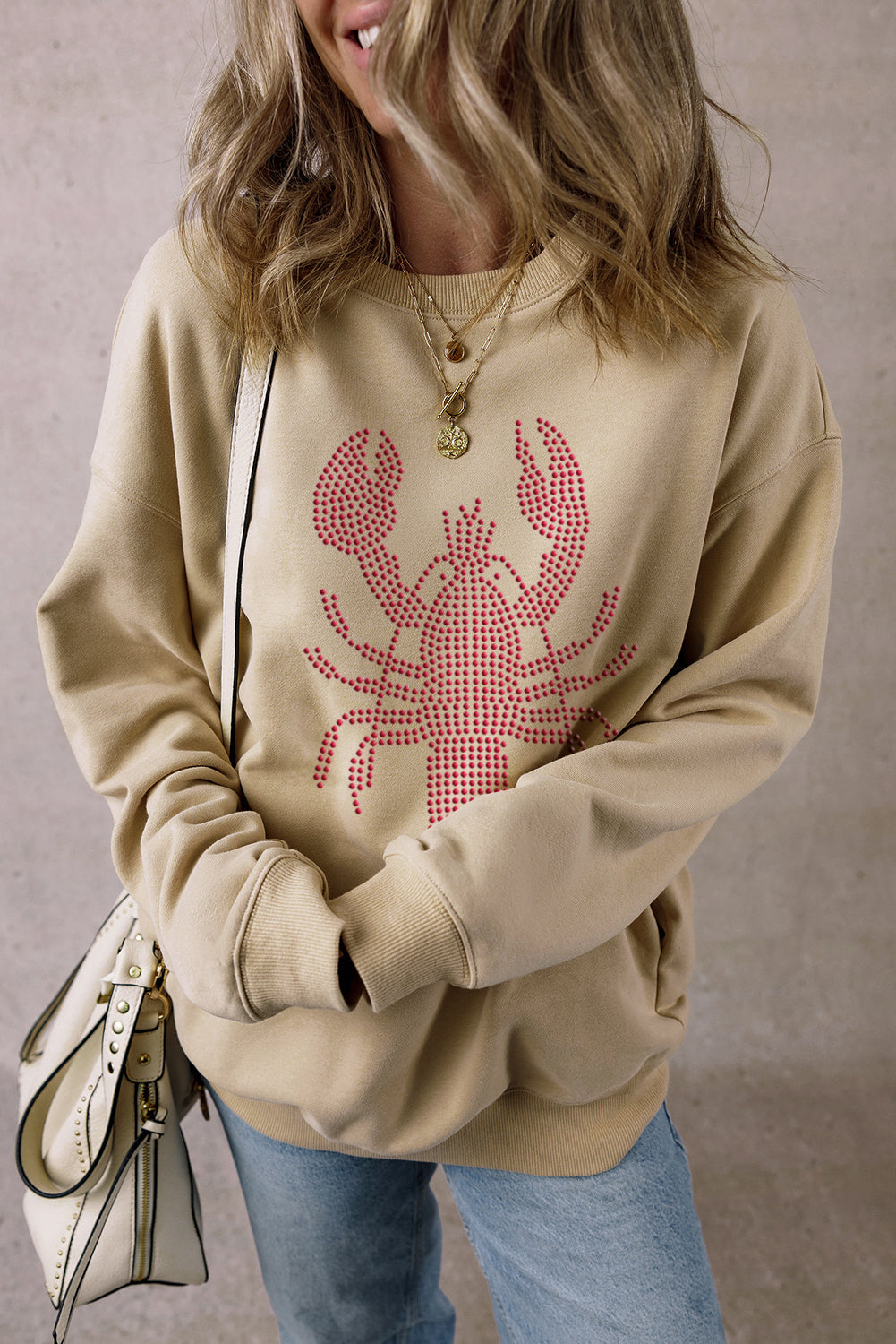 Parchment Rhinestone Crawfish Graphic Crewneck Oversized Sweatshirt Graphic Sweatshirts JT's Designer Fashion