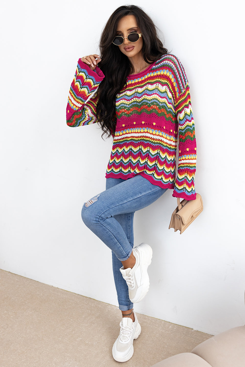 Rose Red Colorblock Striped Hollowed Knit Loose Sleeve Sweater Sweaters JT's Designer Fashion