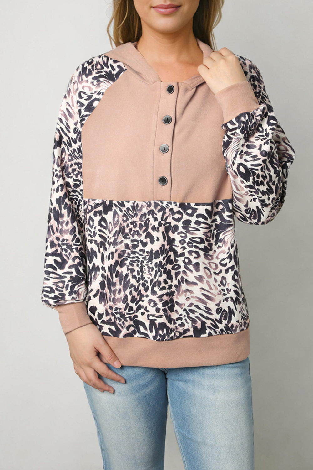 Leopard Print Buttoned Neckline Raglan Sleeve Hoodie Sweatshirts & Hoodies JT's Designer Fashion