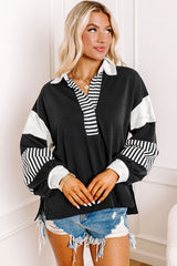 Black Striped Colorblock Patchwork Collar Sweatshirt Sweatshirts & Hoodies JT's Designer Fashion