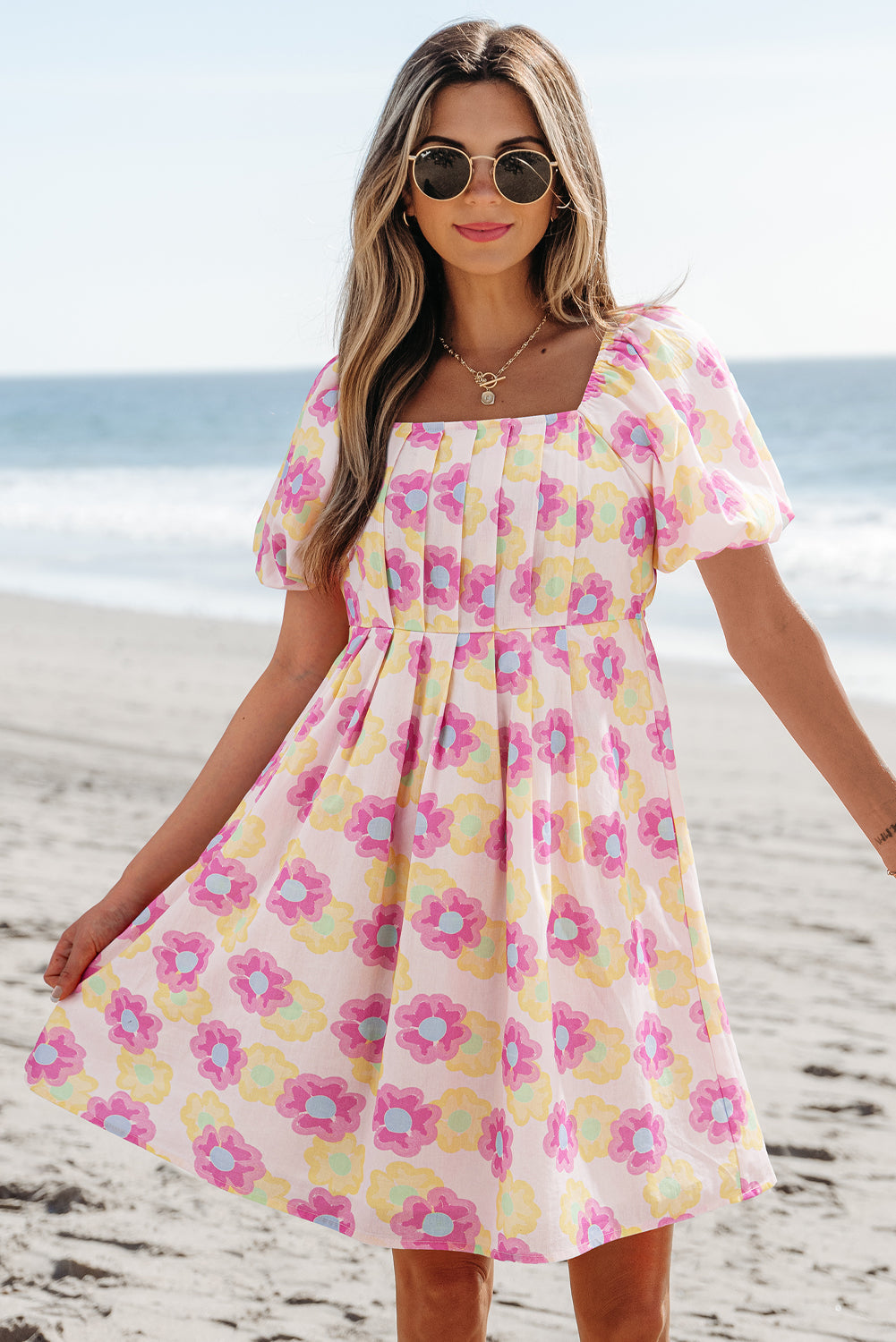 Rose Vibrant Floral Square Neck Puff Sleeve Pleated Flared Midi Dress Floral Dresses JT's Designer Fashion