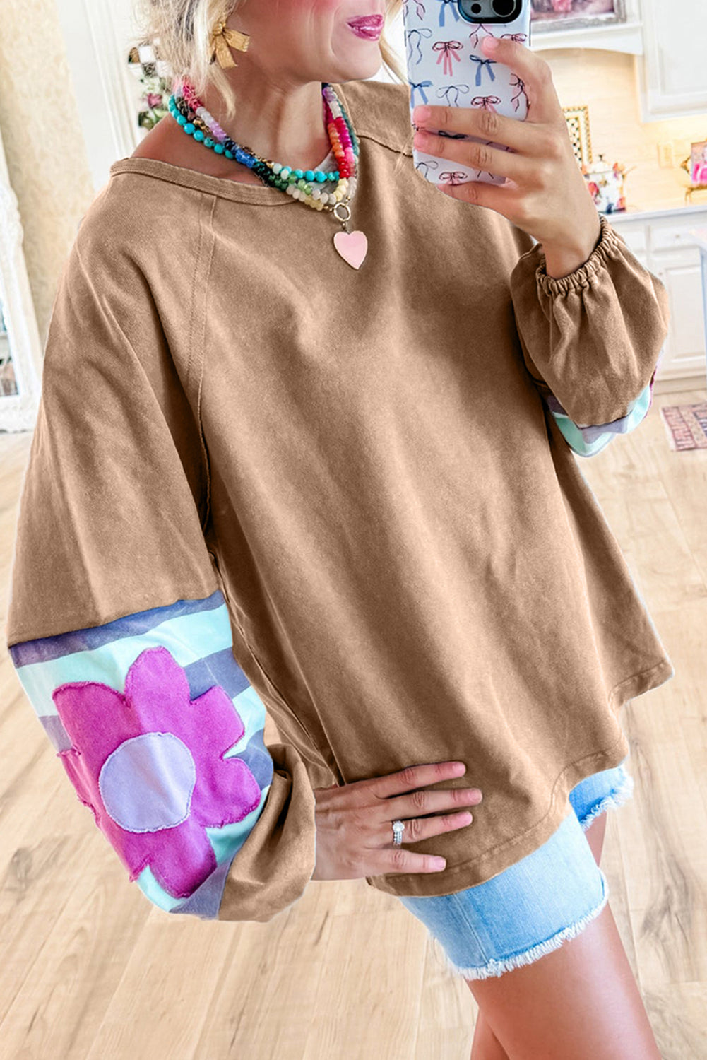 Dune Flower Patchwork Raglan Sleeve Exposed Seam Oversized Top Long Sleeve Tops JT's Designer Fashion