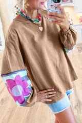 Dune Flower Patchwork Raglan Sleeve Exposed Seam Oversized Top Long Sleeve Tops JT's Designer Fashion