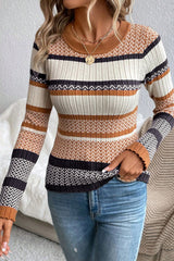 Brown Stripe Stylish Pattern Knitted Ribbed Trim Slim Sweater Sweaters JT's Designer Fashion