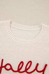 Beige Tinsel Holly Jolly Graphic Classic Sweater Sweaters JT's Designer Fashion