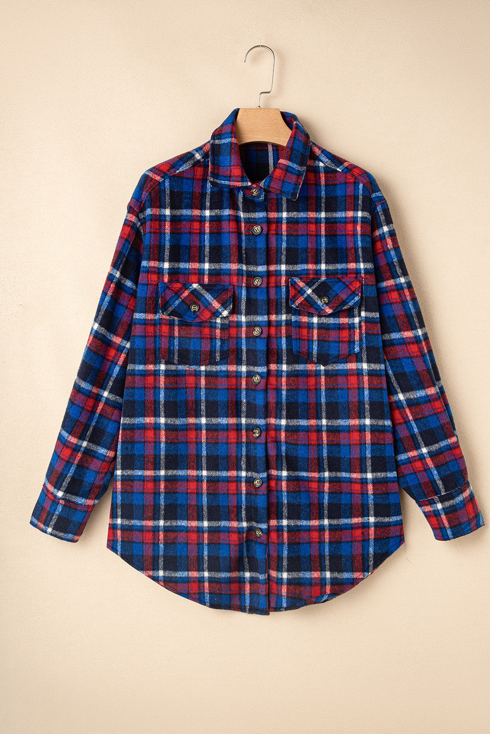 Navy Blue Plaid Flap Pocket Button Up Shacket Plaid Shackets JT's Designer Fashion
