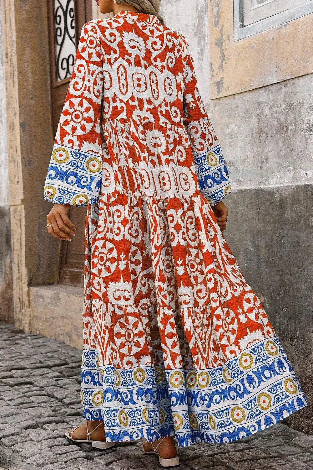 Printed Notched Long Sleeve Long Dress Maxi Dresses JT's Designer Fashion