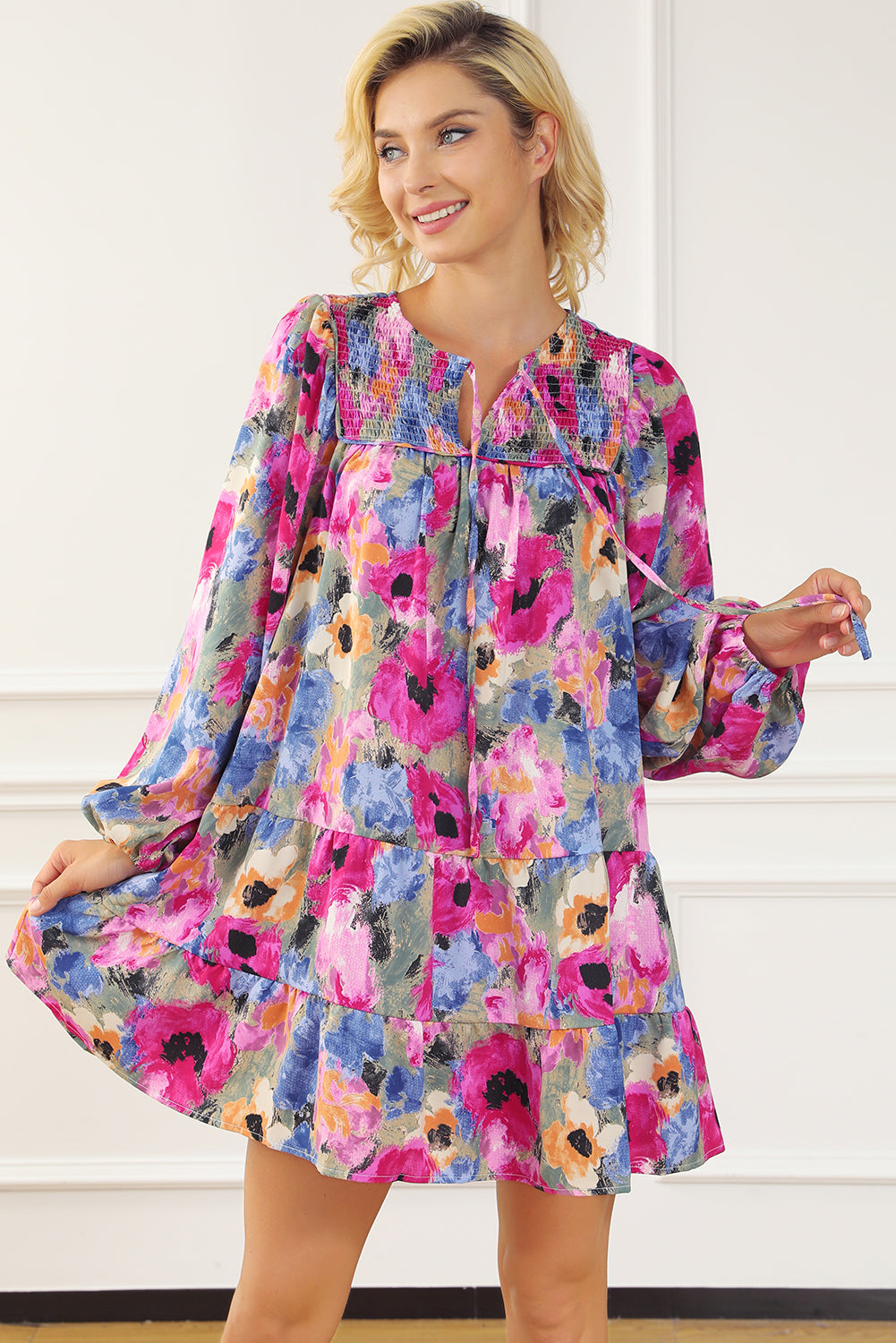 Multicolour Floral Tie Neck Bubble Sleeve Shift Dress Floral Dresses JT's Designer Fashion