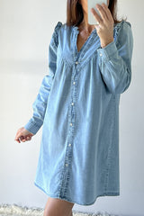 Myosotis Ruffled V Neck Buttoned Shift Denim Dress Mini Dresses JT's Designer Fashion