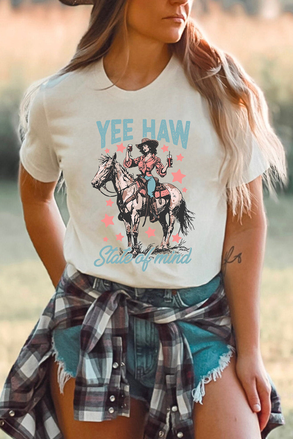White YEE HAW State of mind Cowgirl Graphic Western Fashion Tee Graphic Tees JT's Designer Fashion