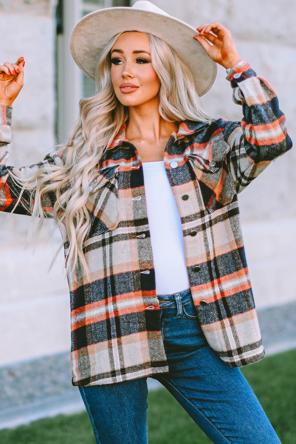 Khaki Geometric Plaid Print Pocketed Shacket Plaid Shackets JT's Designer Fashion