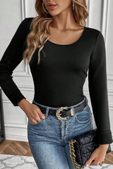 Black Solid Scoop Neck Slim Fit Thermal Top Long Sleeve Tops JT's Designer Fashion