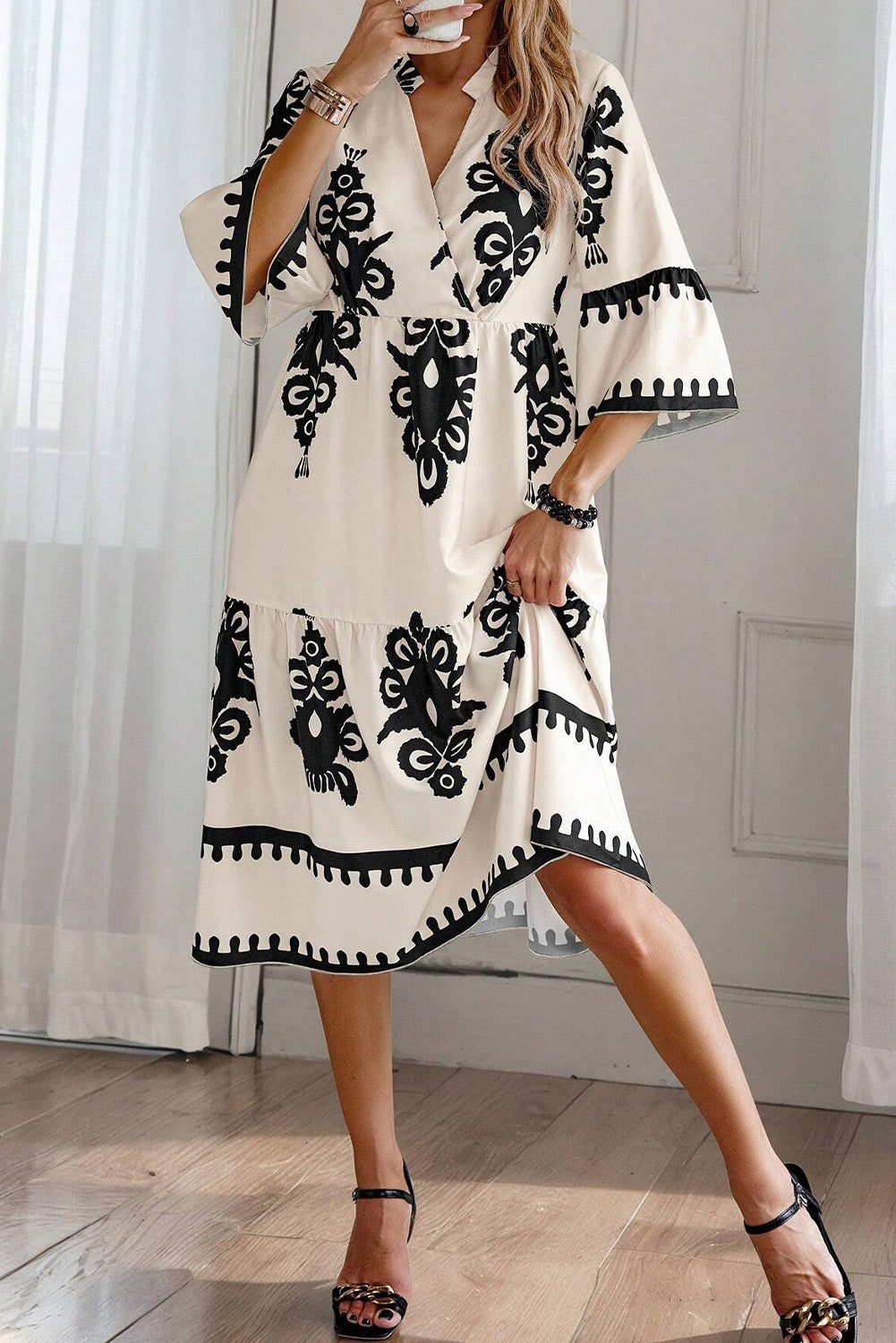 Beige Western Geometric Print 3/4 Sleeve Loose Midi Dress Midi Dresses JT's Designer Fashion