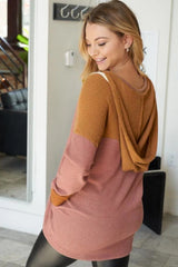 Brown Waffle Knit Patchwork Drawstring V Neck Hoodie Sweatshirts & Hoodies JT's Designer Fashion