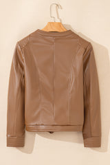 Chestnut Solid Faux Leather Zipper Slim Fit Bomber Jacket Jackets JT's Designer Fashion