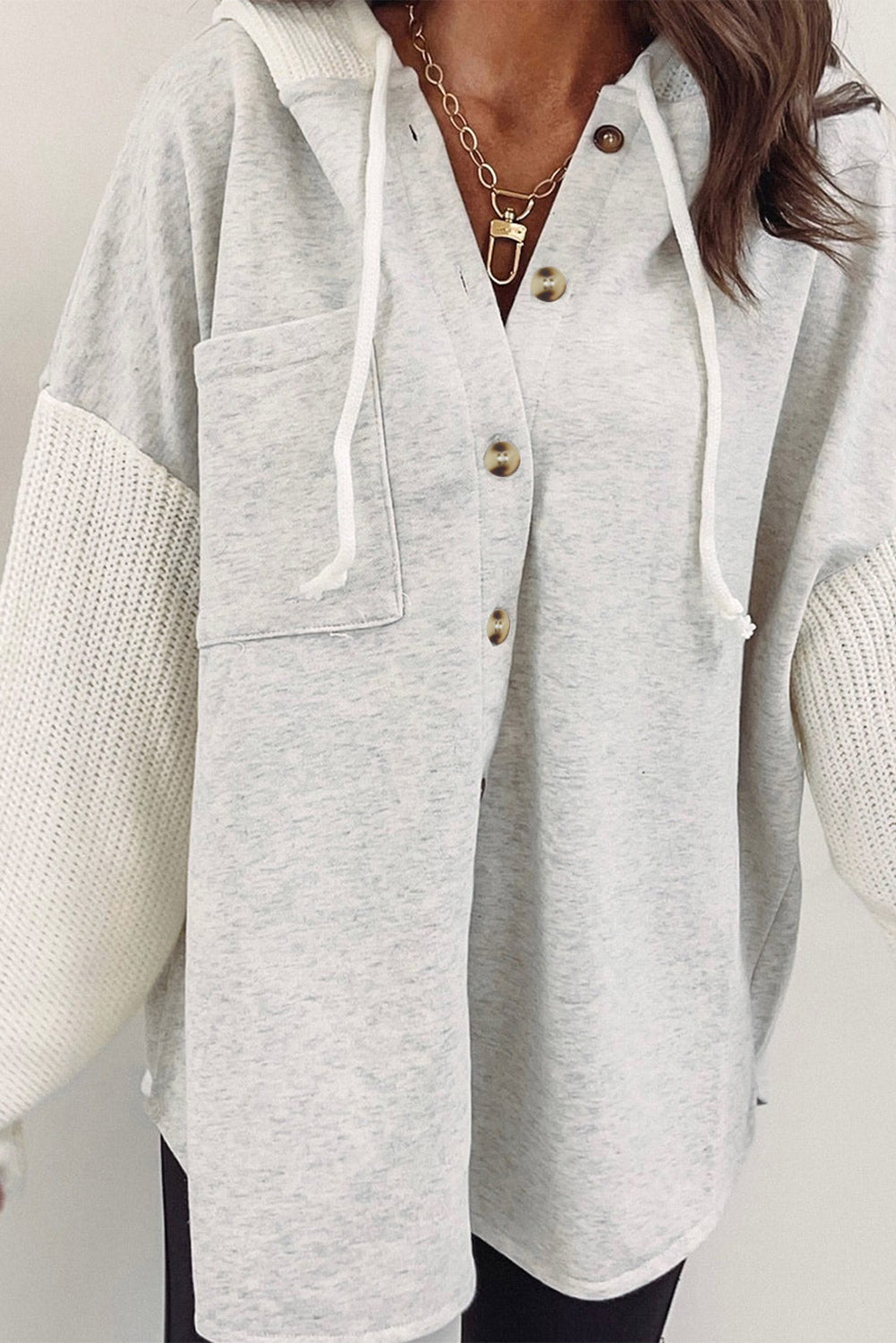 Gray Button Up Contrast Knitted Sleeves Hooded Jacket Jackets JT's Designer Fashion
