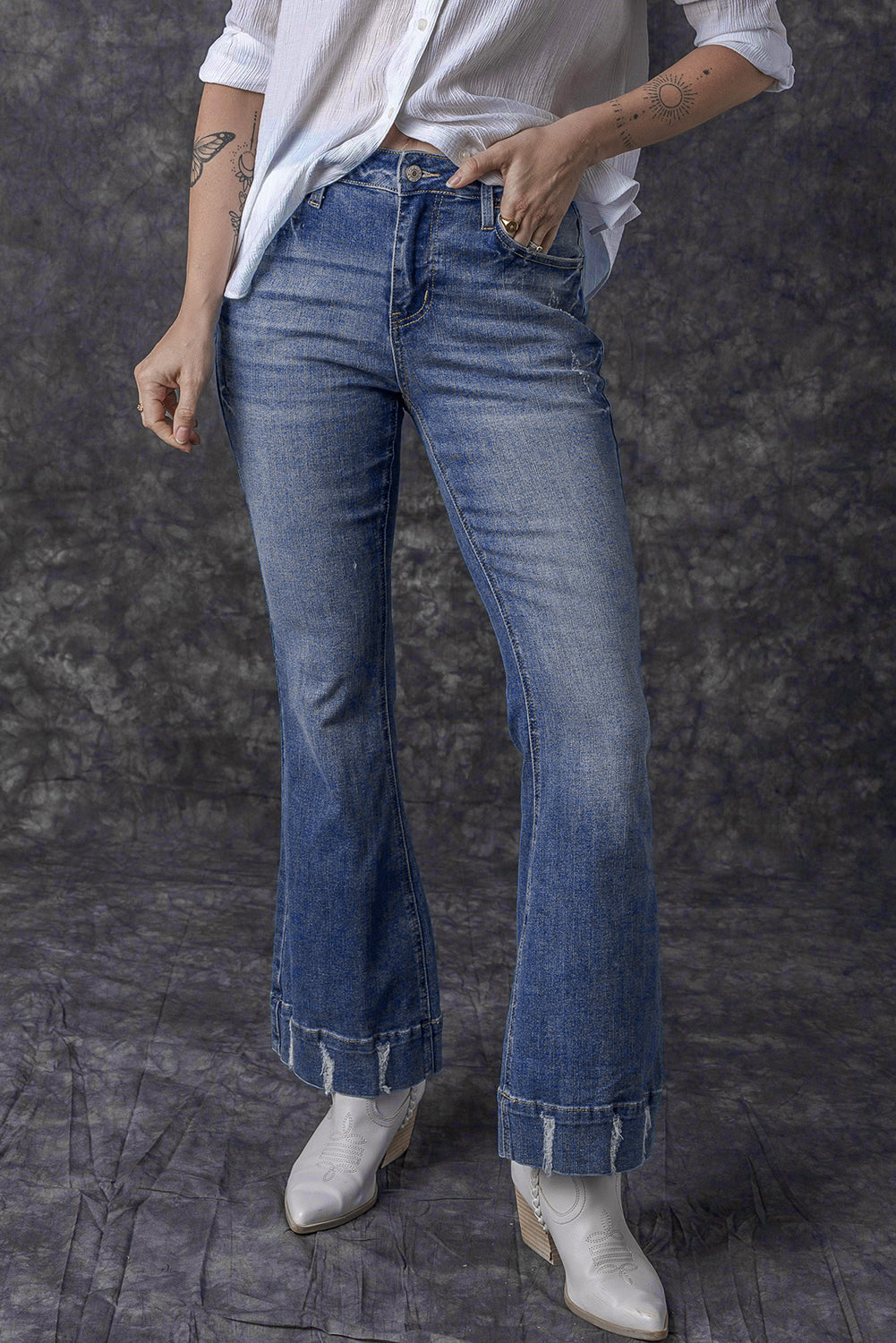 Sky Blue Slight Distressed Medium Wash Flare Jeans Jeans JT's Designer Fashion