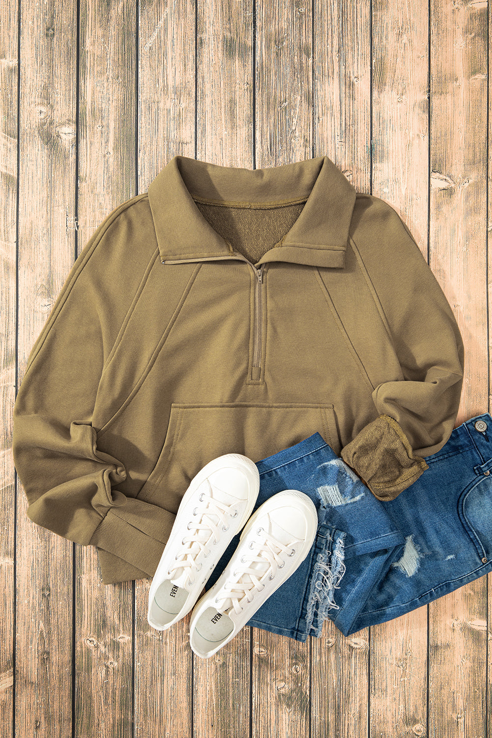 Brown Quarter Zip Stand Neck Kangaroo Pocket Sweatshirt Sweatshirts & Hoodies JT's Designer Fashion