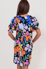 Blue Collared Split Neck Floral Flared Dress Floral Dresses JT's Designer Fashion