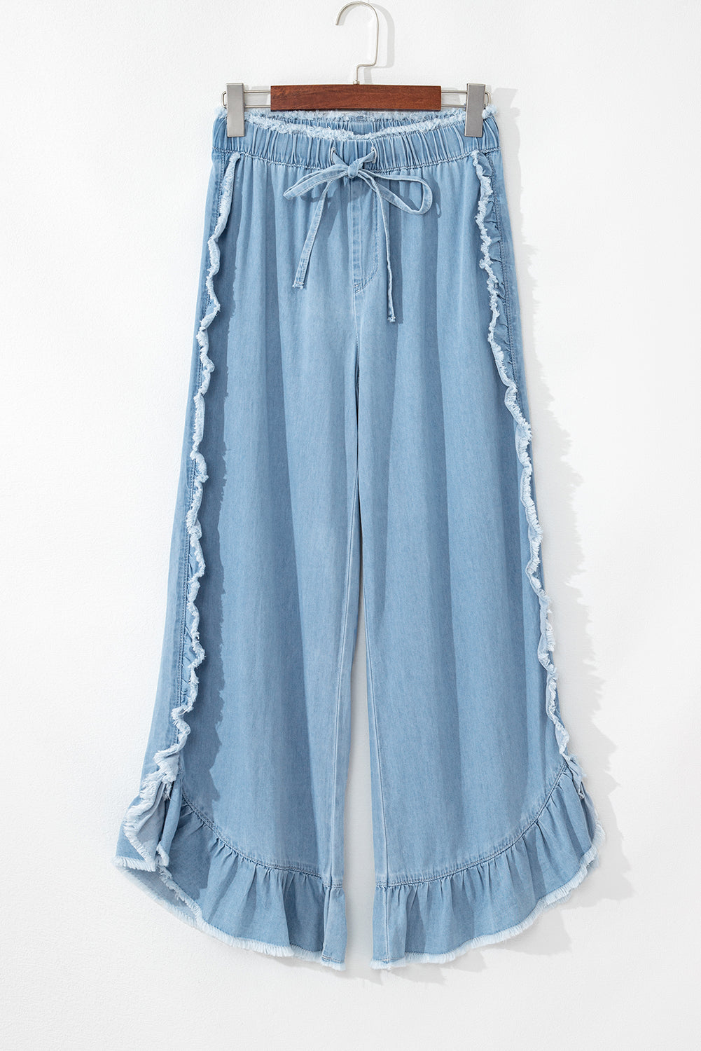 Myosotis Light Wash Raw Hem Ruffled Wide Leg Jeans Jeans JT's Designer Fashion