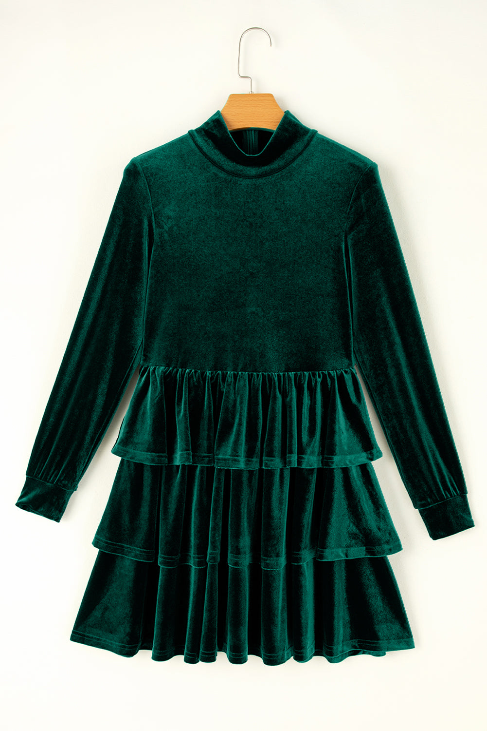 Evergreen Velvet High Neck Tiered Ruffle Mini Dress Mini Dresses JT's Designer Fashion