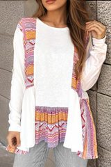 White Western Aztec Print Patchwork Ruffled Tunic Long Sleeve Babydoll Top Long Sleeve Tops JT's Designer Fashion