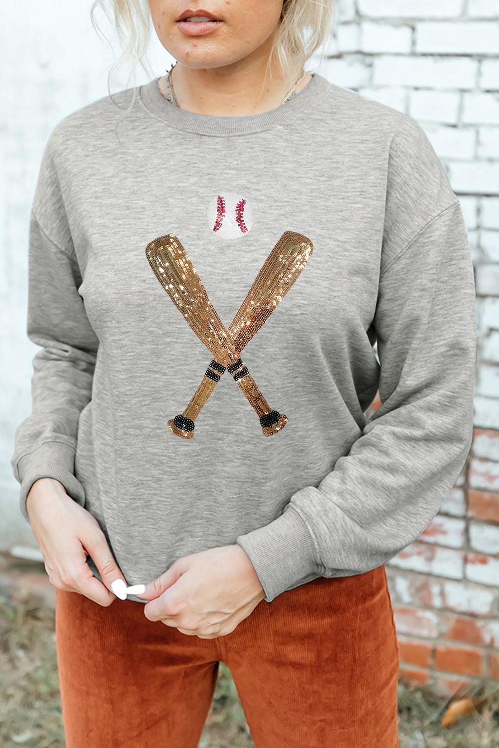 Gray Sequin Baseball Graphic Crewneck Game Day Sweatshirt Graphic Sweatshirts JT's Designer Fashion