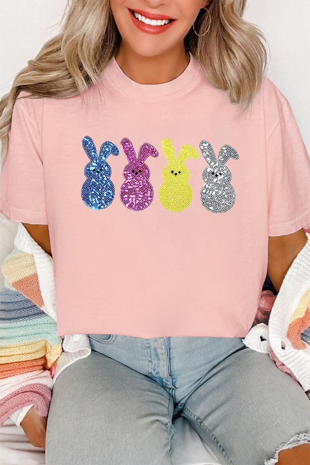 Pink Sequin Cute Bunny Graphic Easter Fashion Tee Graphic Tees JT's Designer Fashion