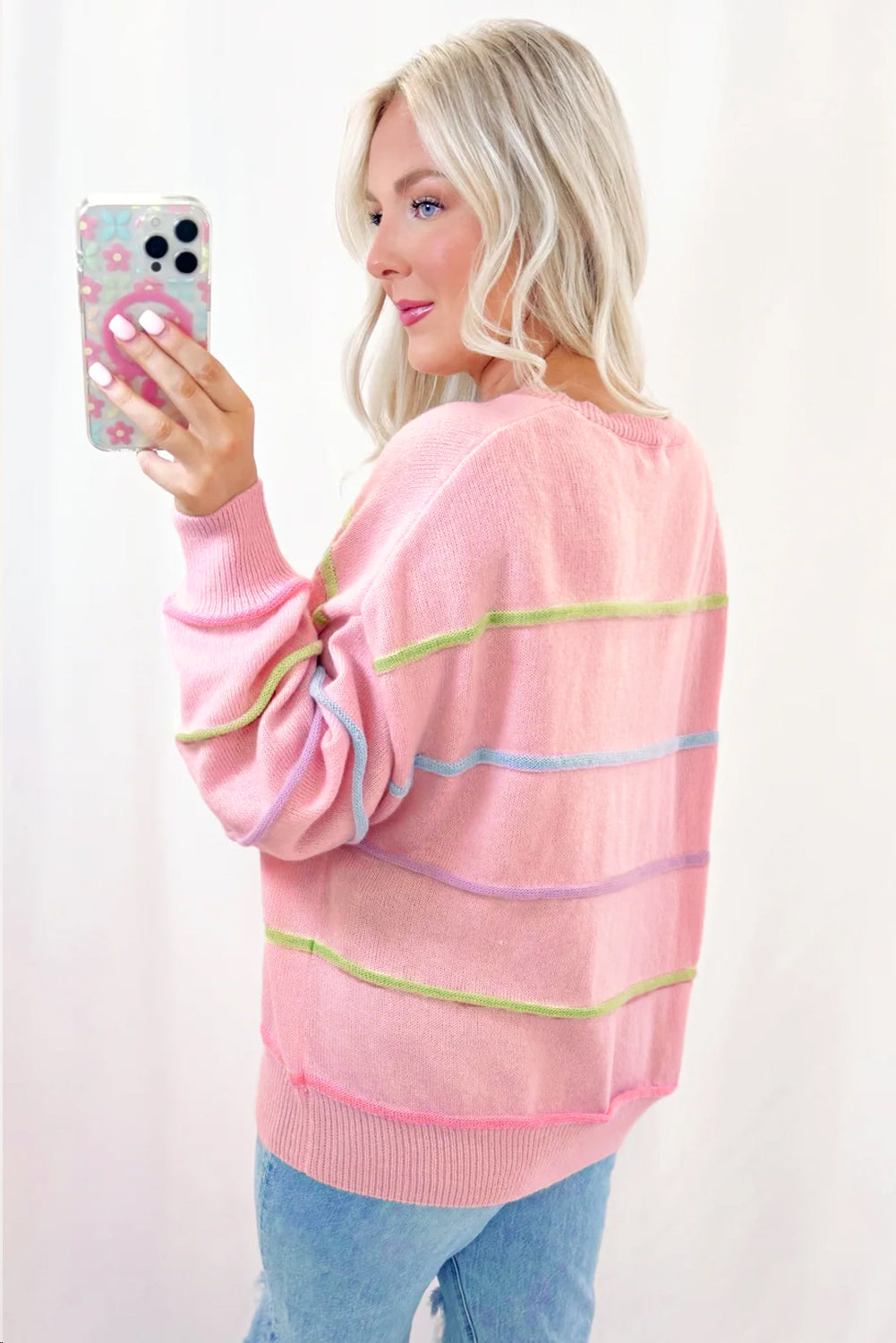 Pink Rainbow Stripes Drop Shoulder Baggy Henley Sweater Sweaters JT's Designer Fashion