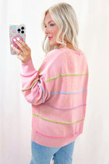 Pink Rainbow Stripes Drop Shoulder Baggy Henley Sweater Sweaters JT's Designer Fashion