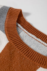 Brown Plus Size Checkered Crewneck Sweater Plus Size Sweaters & Cardigans JT's Designer Fashion