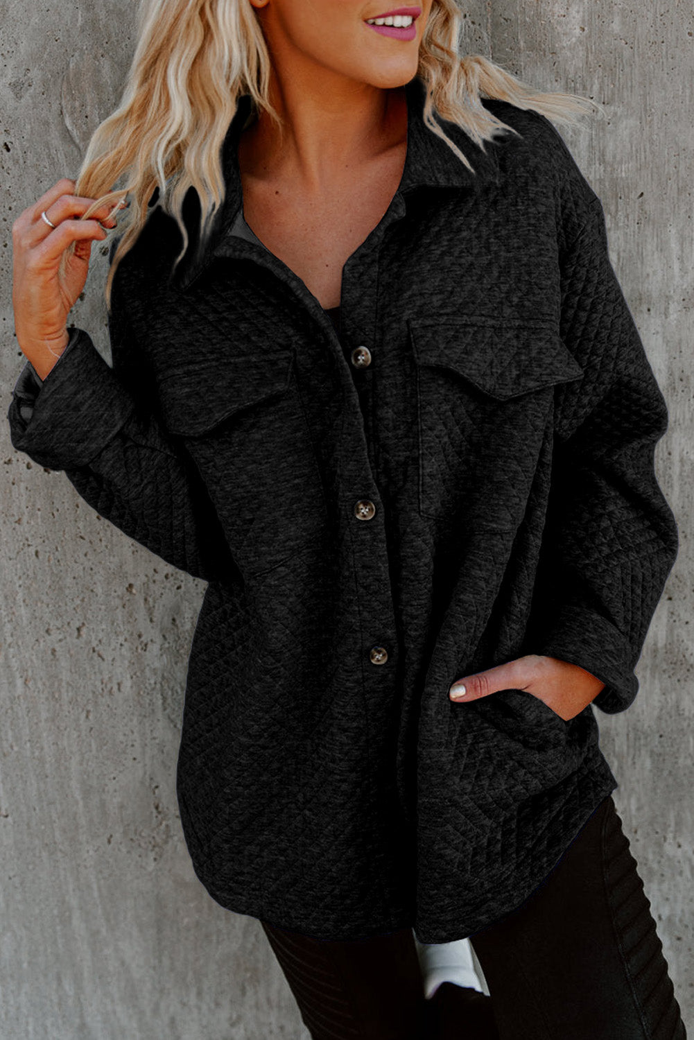 Black Retro Quilted Flap Pocket Button Shacket Black 95%Polyester+5%Elastane Jackets JT's Designer Fashion