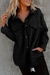 Black Retro Quilted Flap Pocket Button Shacket Black 95%Polyester+5%Elastane Jackets JT's Designer Fashion
