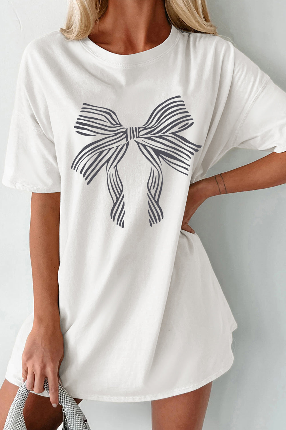 White Striped Bow Knot Half Sleeve Tunic T Shirt Graphic Tees JT's Designer Fashion